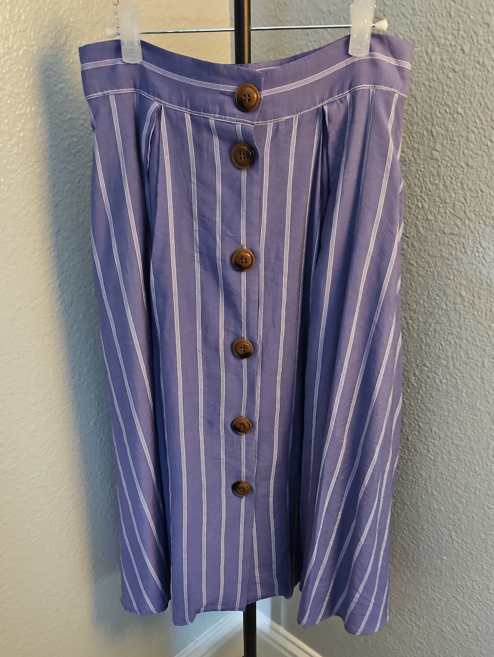 NOMAD Striped Button Front Midi Skirt Pleated High Waist Purple Lilac Size M